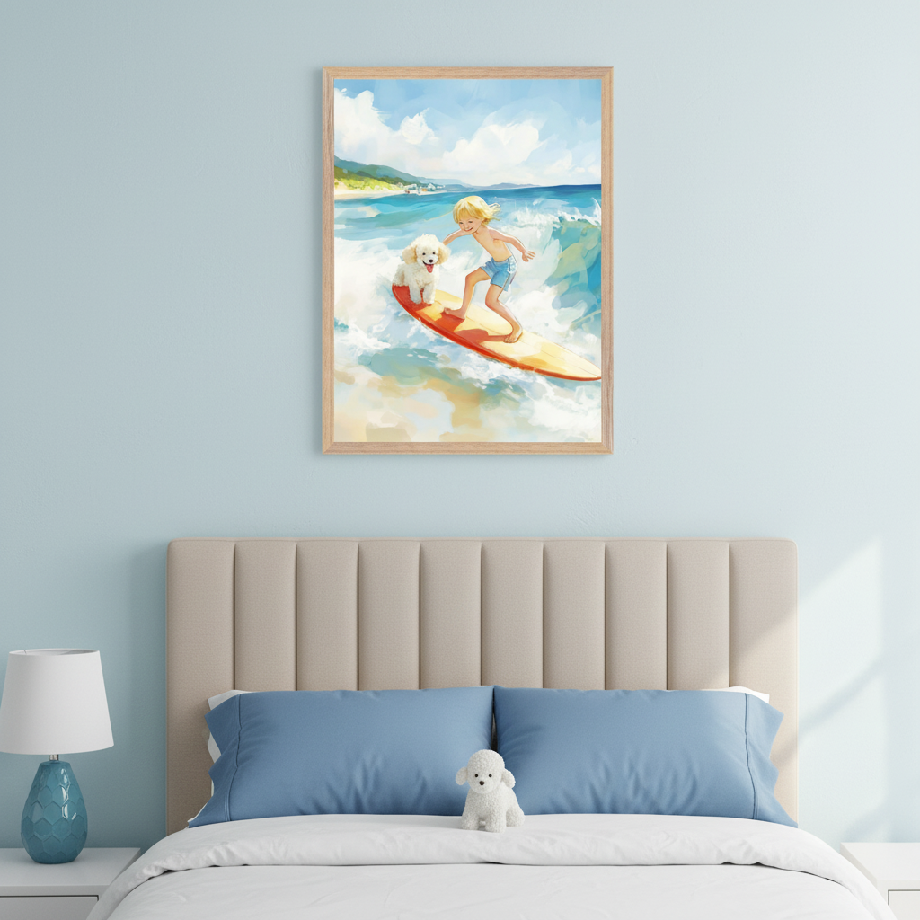 Kid's bedroom with a bed, beige upholstered headboard, and blue pillows. A white stuffed dog sits on the bed. A framed watercolor painting of a boy and a white dog surfing on an orange surfboard hangs centered above the bed.