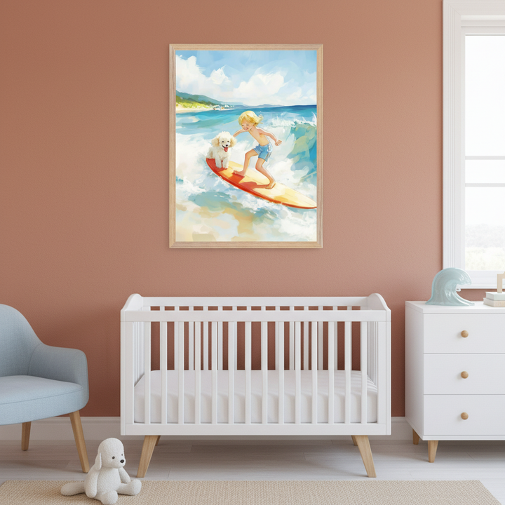 Modern nursery with white crib, light blue armchair, white dresser. A framed print of a blonde boy and white dog surfing on a wave, in a painterly style, hangs centered above the crib.