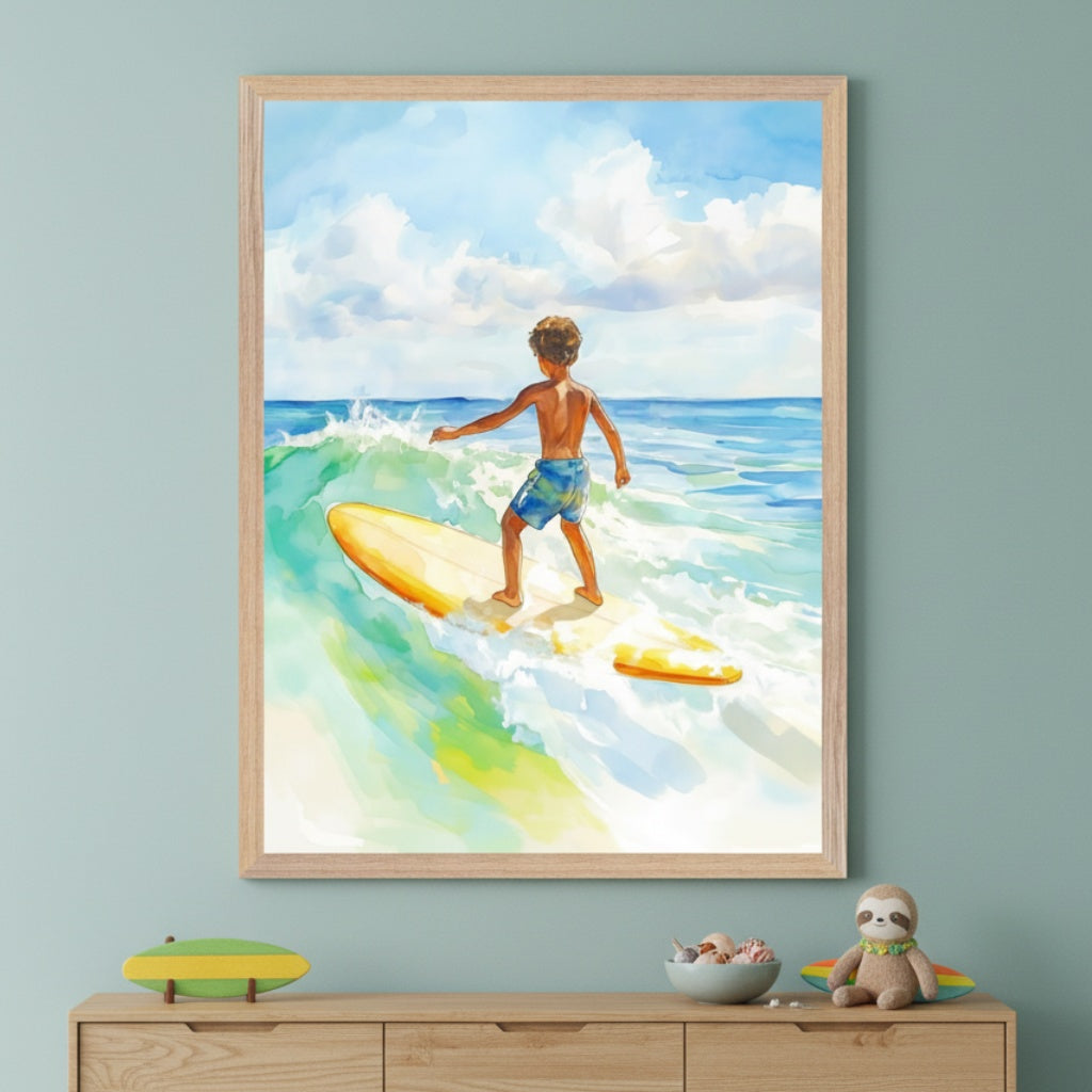 Child rides a soft wave on a yellow surfboard, set against a tranquil watercolor backdrop of the open sea and a partly cloudy sky. The painting adds a splash of summer energy above a dresser decorated with ocean-themed toys.