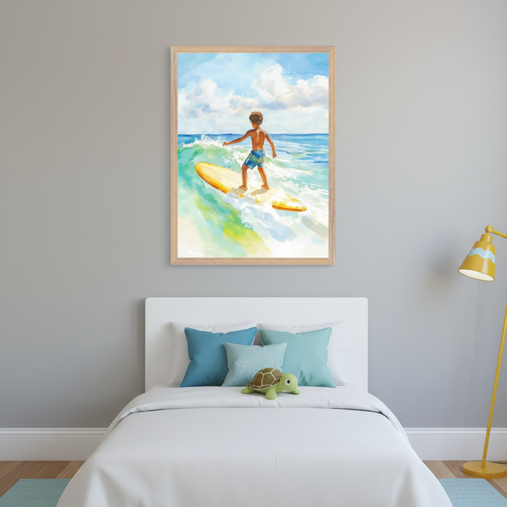 Kid's bedroom with a white bed and headboard against a gray wall. A large framed watercolor painting of a boy surfing on a yellow surfboard hangs centered above the bed. The bed has teal and light blue pillows and a green plush turtle. A yellow floor lamp stands to the right.