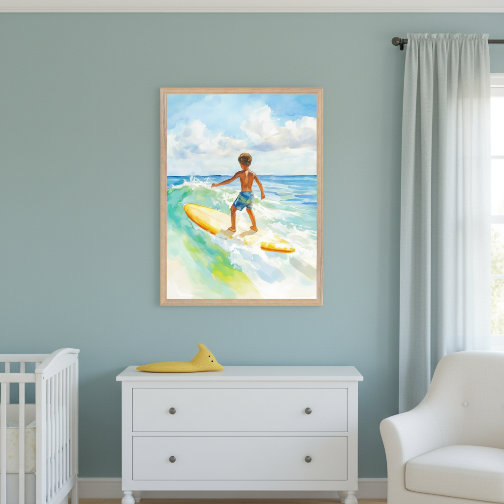 Nursery with a light blue-green wall. A white crib, a white dresser with a yellow shark toy, and a white armchair are visible. Centered above the dresser, a framed watercolor print shows a boy surfing on a yellow surfboard in the ocean.
