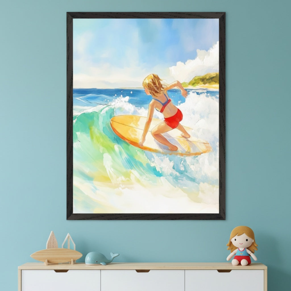 A young girl surfs a cresting wave on a yellow board, wearing a red two-piece swimsuit against a backdrop of sunny skies and distant shoreline. The vibrant watercolor artwork adds energy to a coastal-themed room.