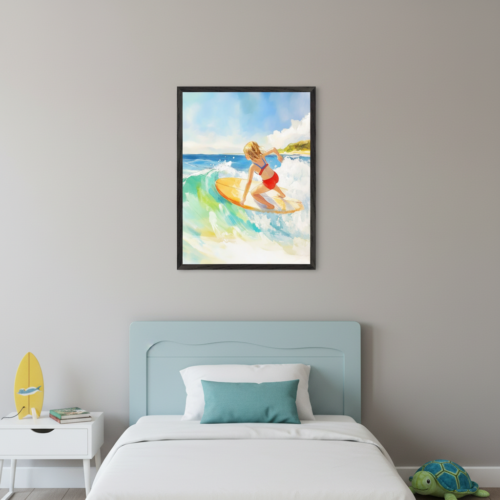 Kid's bedroom with a light blue headboard bed, white nightstand with a yellow surfboard light. A black-framed illustration of a blonde girl in a red swimsuit surfing a vibrant wave hangs above the bed.