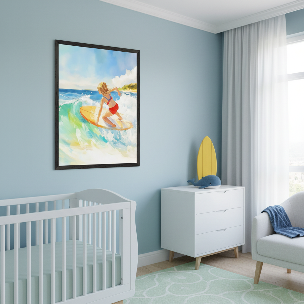 Modern nursery with a white crib and dresser against a blue wall. A large framed watercolor-style print depicting a girl surfing a wave on a yellow surfboard hangs above the crib. A yellow surfboard decor and whale toy sit on the dresser.