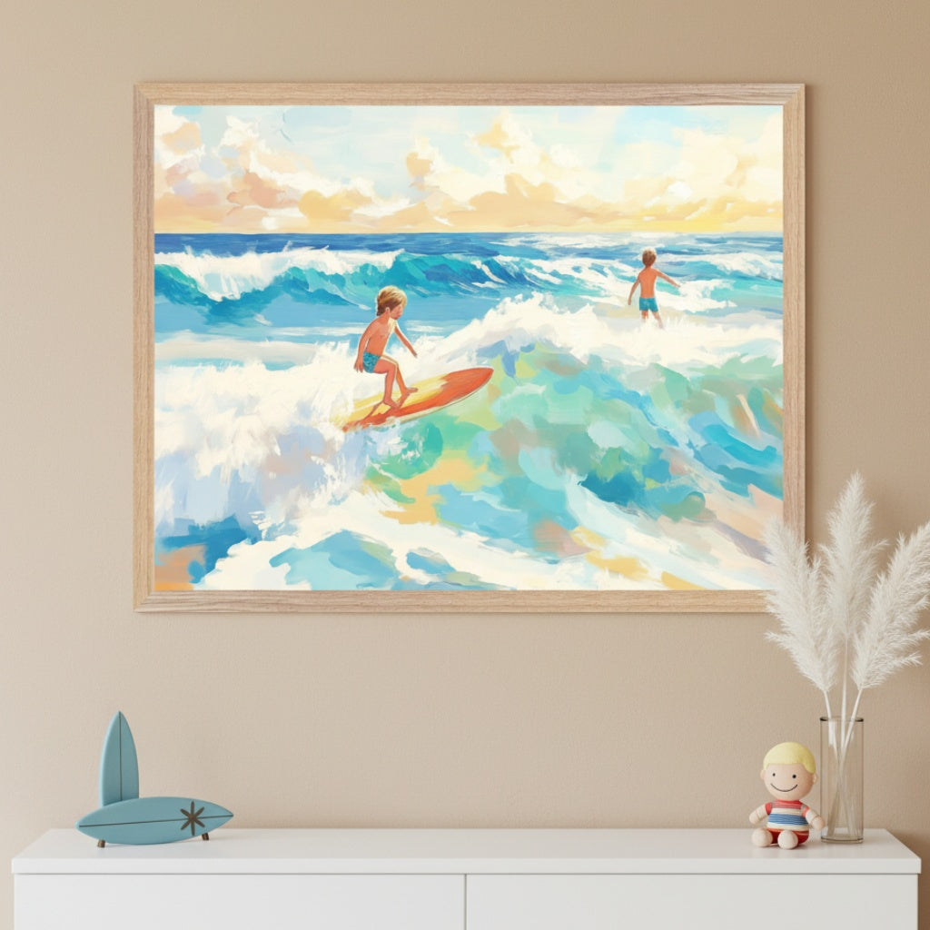 Two kids enjoy a day of surfing, one catching a wave on a red board while the other stands waist-deep in the ocean, surrounded by swirling blue and green waters. The framed artwork captures a warm sunset glow and hangs above a dresser with soft beach-themed accents.