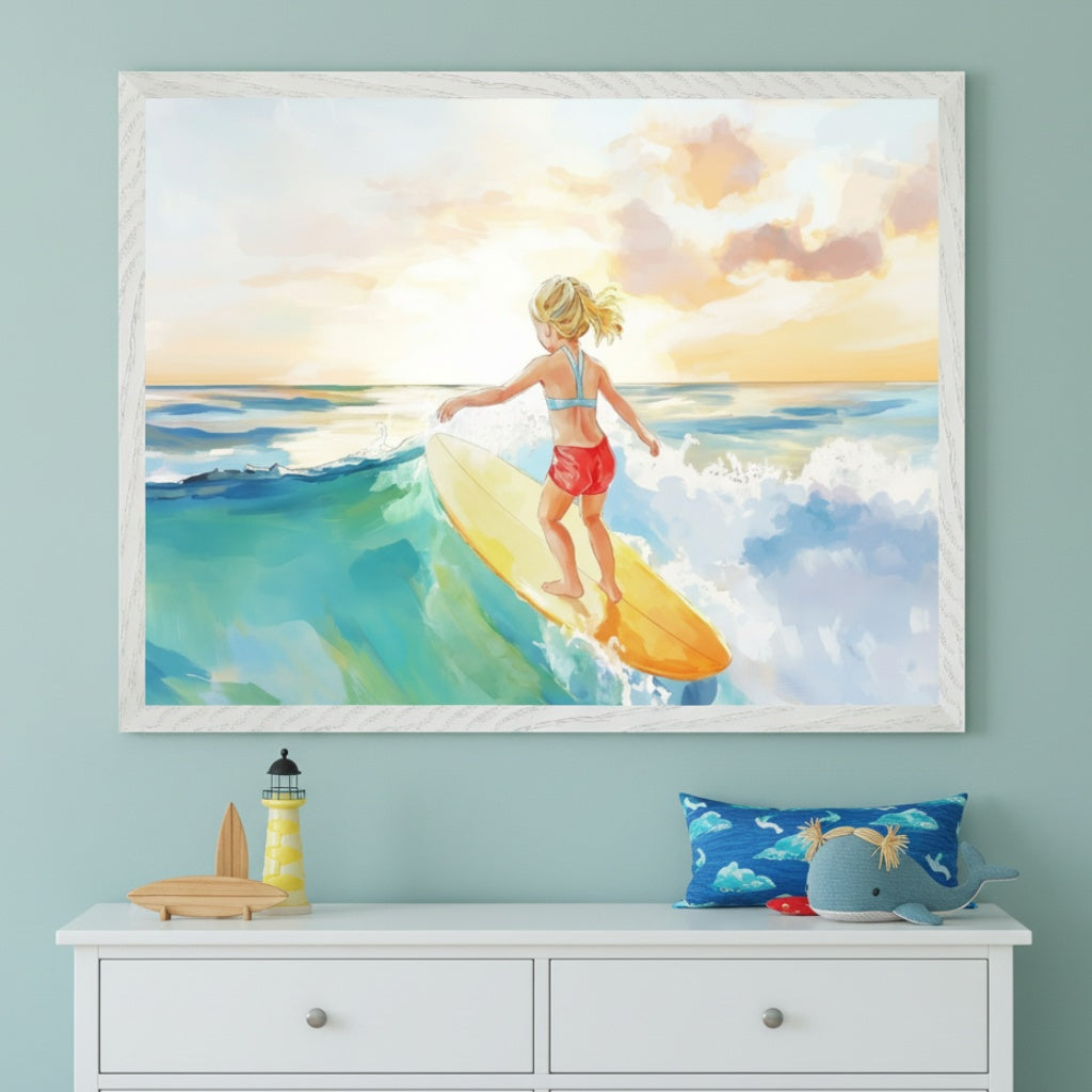 A watercolor-style painting of a girl in a red swimsuit riding a yellow surfboard along a glowing wave at sunset. The framed artwork hangs above a white dresser with nautical-themed decor, evoking calm and coastal charm.