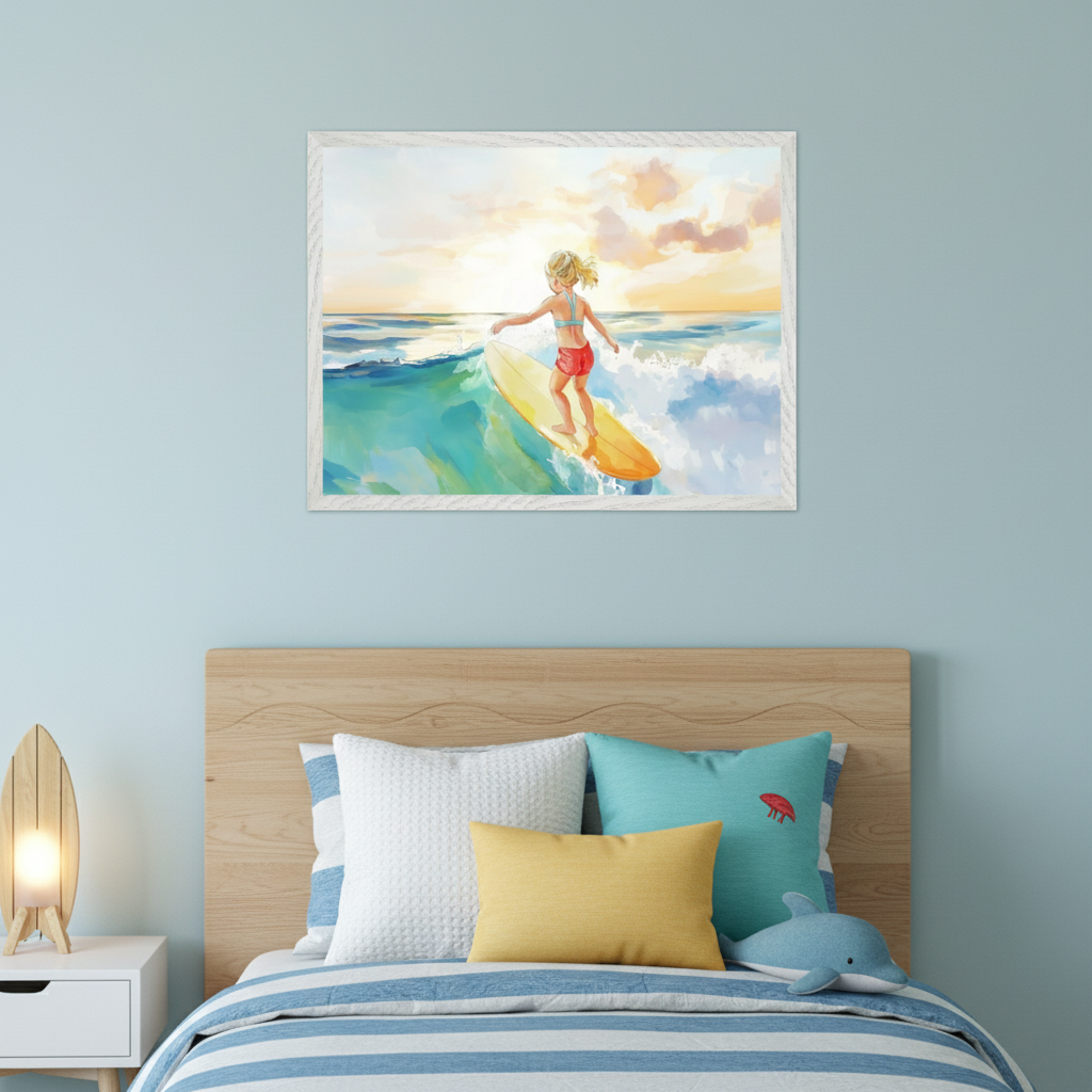 Kid's bedroom with a wooden bed. A white-framed painting of a blonde girl surfing a wave at sunset hangs centered above the bed. A surfboard lamp is on a white nightstand.