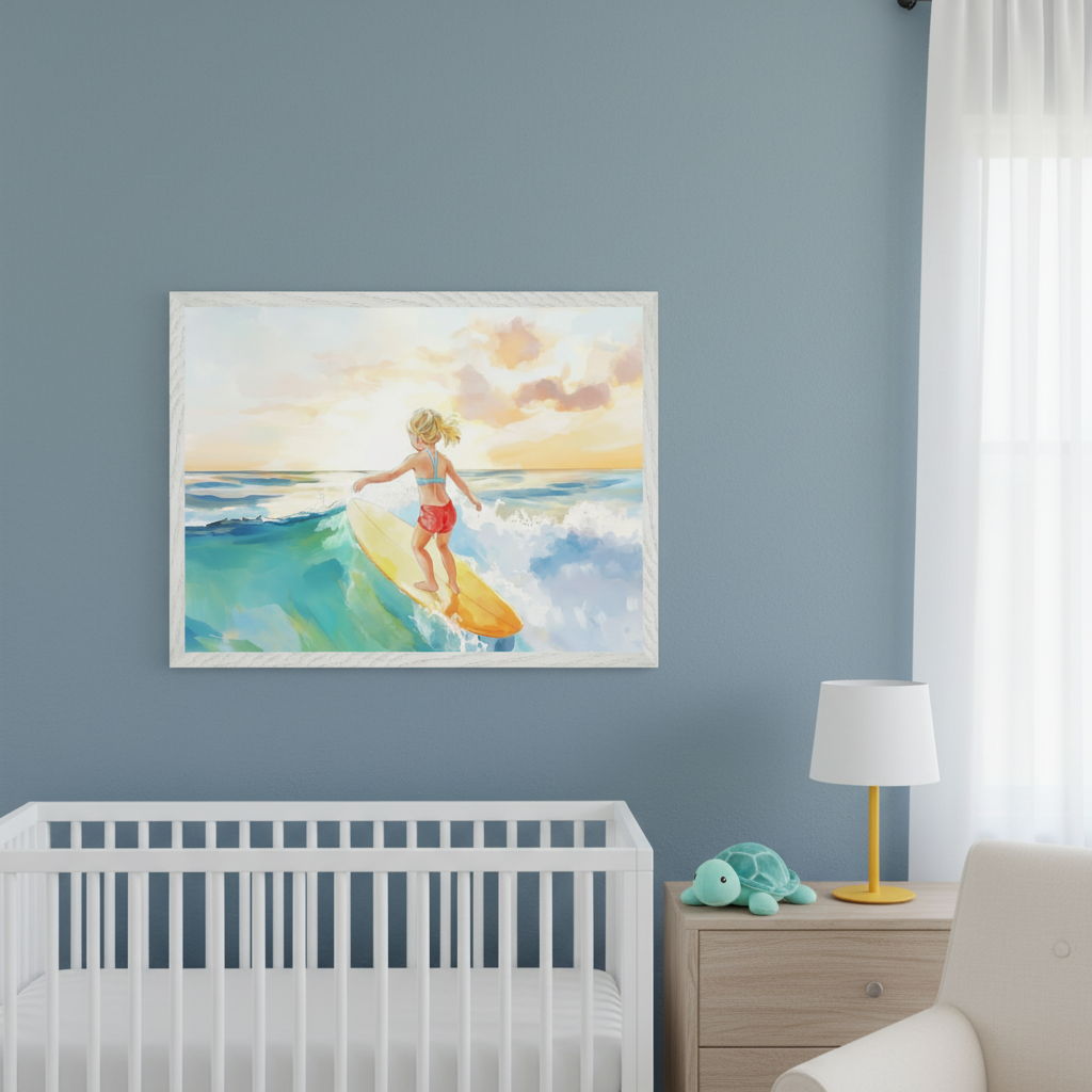 A light blue nursery with a white crib, wood dresser, and armchair. Above them, a white-framed painting depicts a blonde girl surfing a turquoise wave at sunset in a painterly style.
