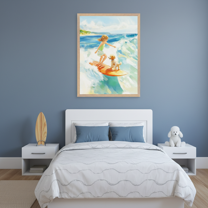 Kid's bedroom with a white bed and headboard against a blue wall. A framed painting depicting a young girl and a dog surfing on a wave in a vibrant, painterly style hangs centered above the bed.