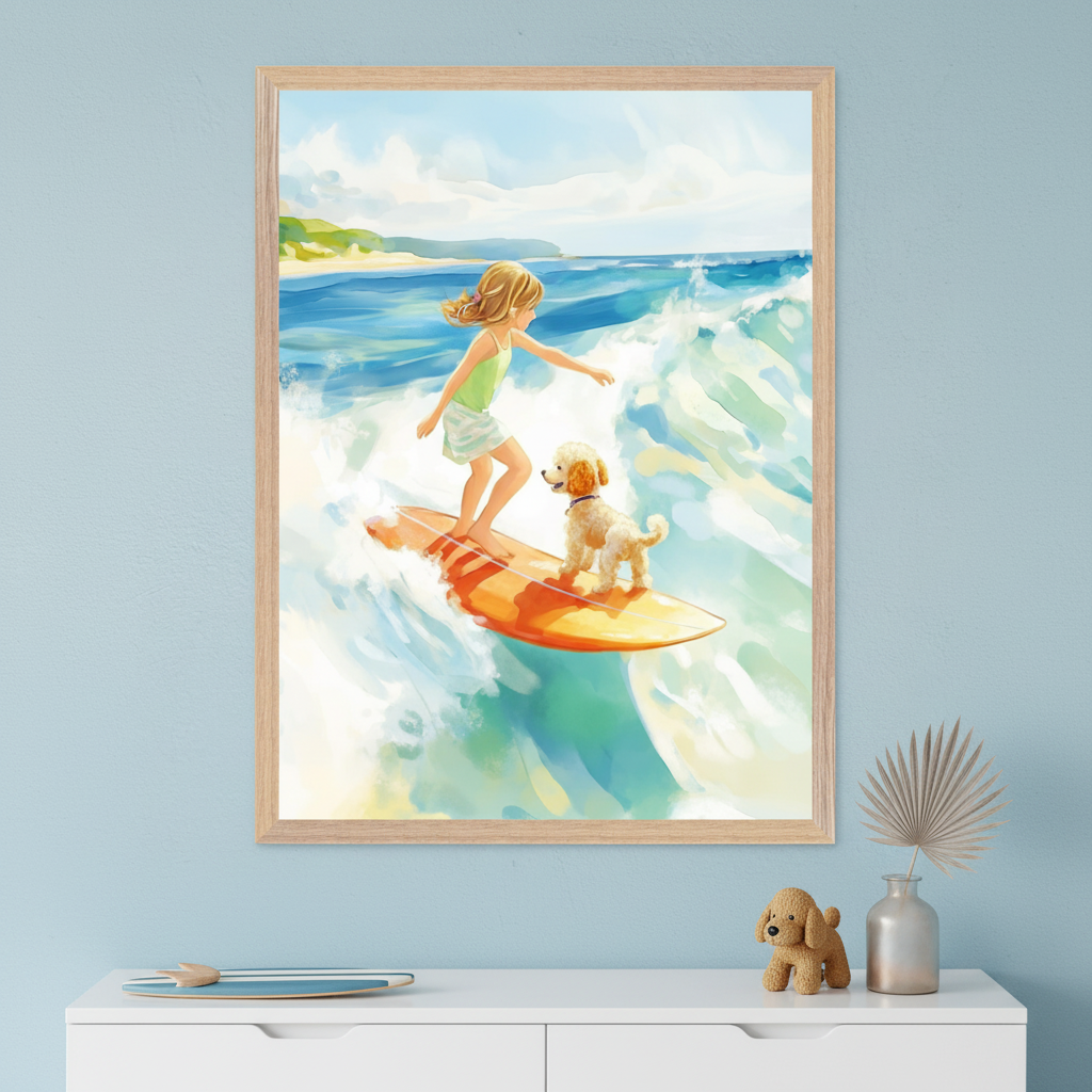 A watercolor-style artwork of a girl in a green swimsuit skirt riding an orange surfboard with a fluffy white dog as they catch a wave together. The playful artwork hangs above a dresser with dog-themed and beachy decor, adding a lighthearted coastal vibe.
