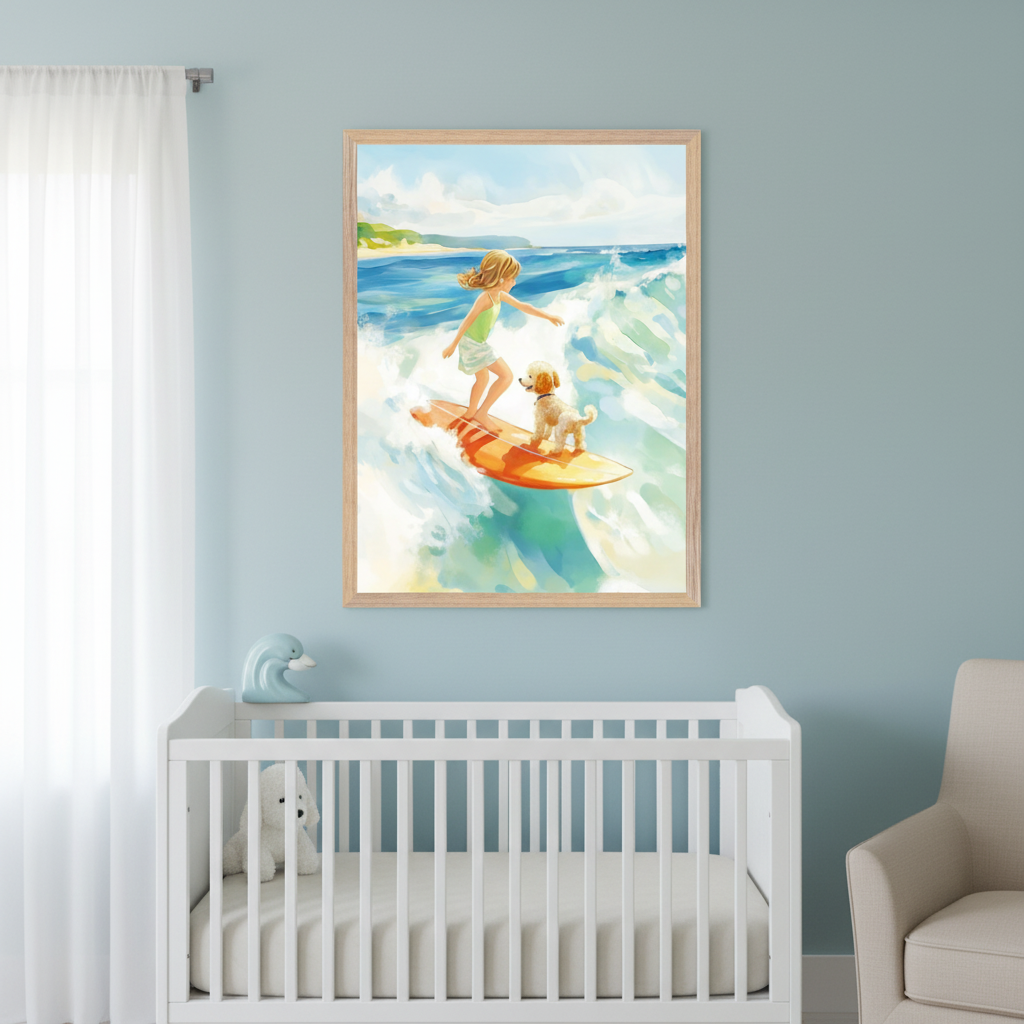Modern nursery with a white crib and cream armchair against a light blue wall. A large framed painting of a girl and a dog surfing on an orange board on a wave hangs above the crib.
