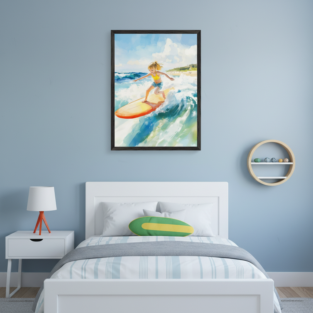 Kid's bedroom with a light blue wall, a white bed, and a nightstand. A large framed watercolor painting of a blonde child surfing on an orange board on a wave hangs above the bed, left of a round wooden shelf.