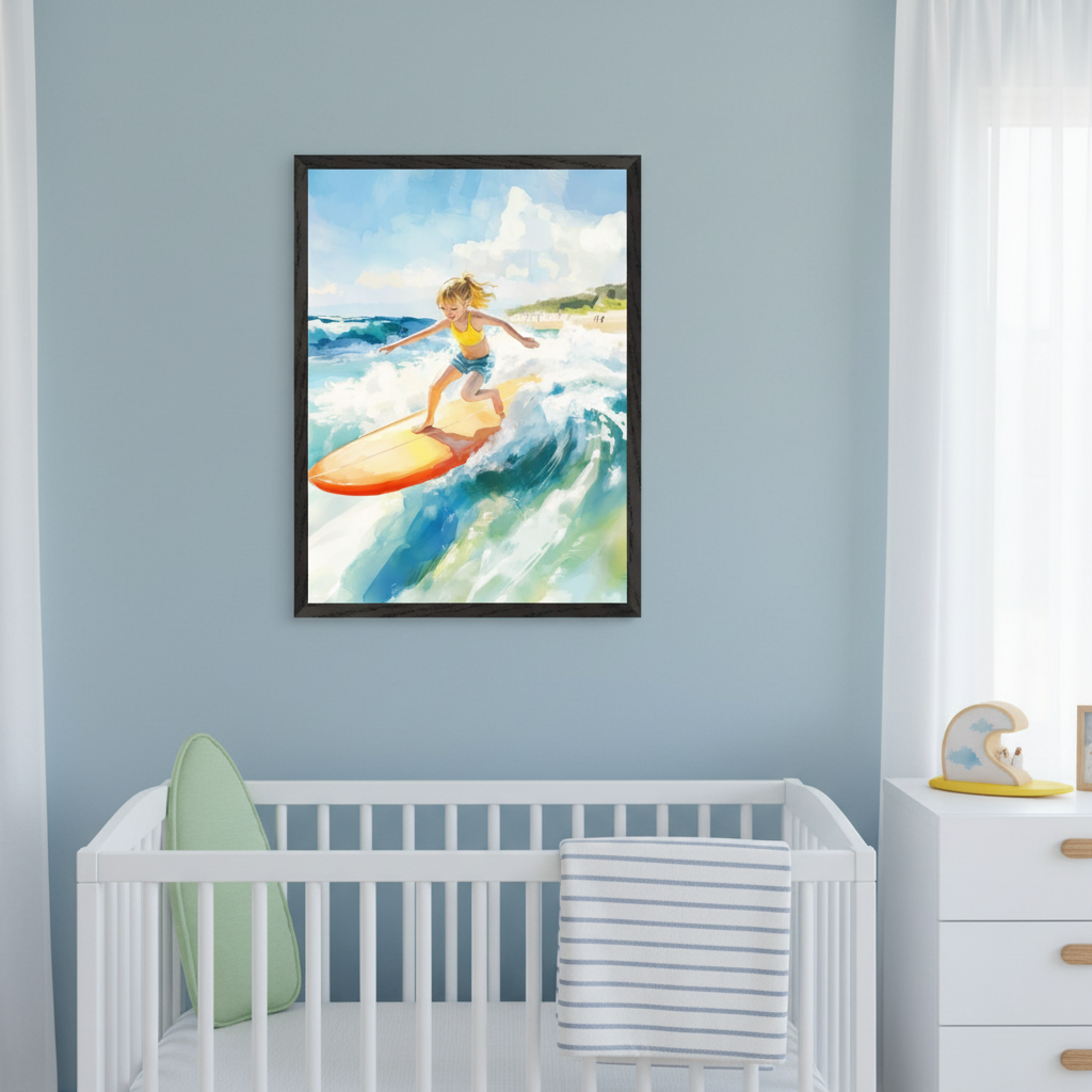 Modern nursery with a white crib and dresser. A framed painting of a girl surfing on an orange board in a watercolor style hangs above the crib on a light blue wall.