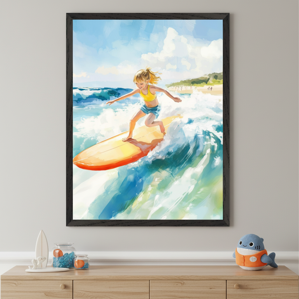 A young girl catches a wave on an orange surfboard, wearing a yellow top and blue shorts, with wind in her hair and a joyful expression. The framed painting brings coastal adventure and summer fun to a neatly decorated space with ocean-inspired accents.