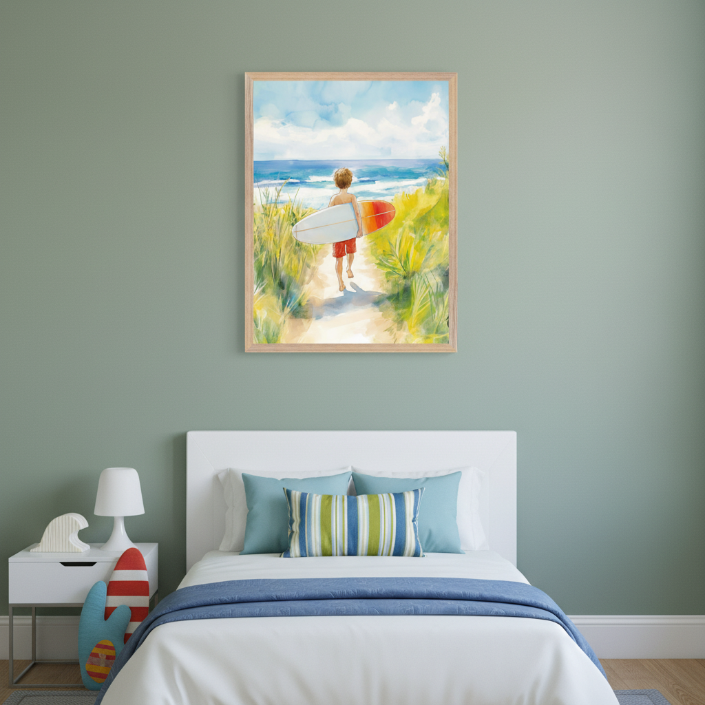 Kid's bedroom with a white bed and nightstand. A light wood framed watercolor painting of a boy with a surfboard walking on a path to the beach hangs centered above the bed.
