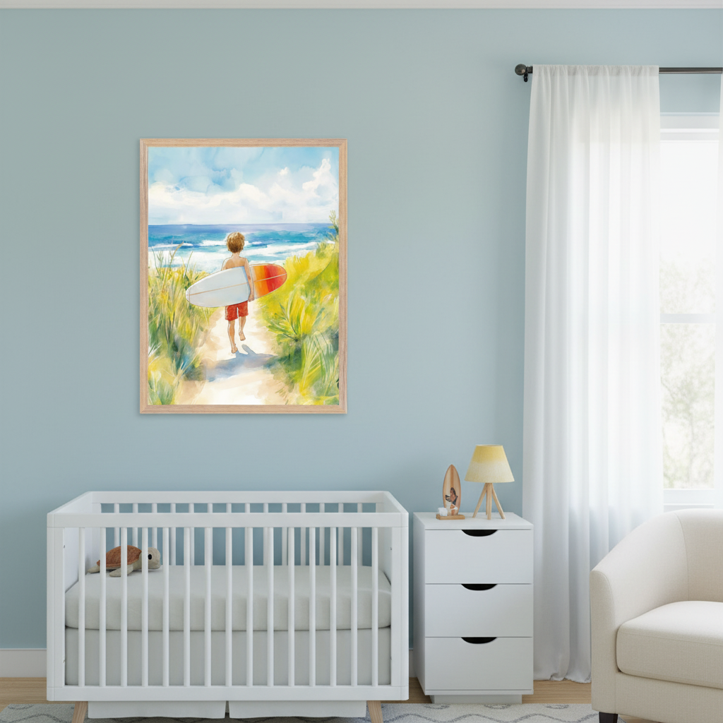 Modern nursery with a white crib, dresser, and armchair. A framed watercolor of a boy with a surfboard walking to the beach hangs centered above the crib on a light blue wall.