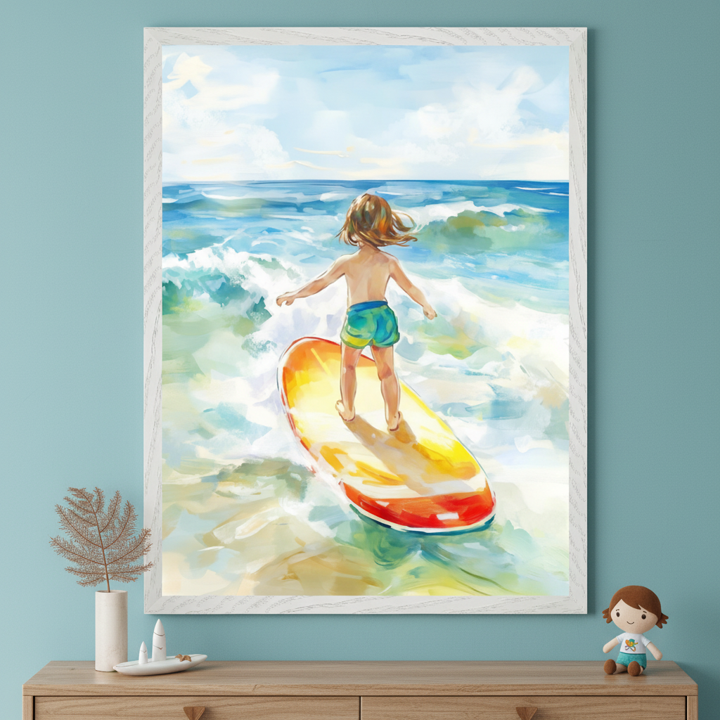 Child's room with a light blue wall and wooden dresser. A large framed painting of a child on a yellow surfboard in ocean waves, in a bright, expressive style, hangs centered above the dresser. A vase, small decor, and a doll are on the dresser.