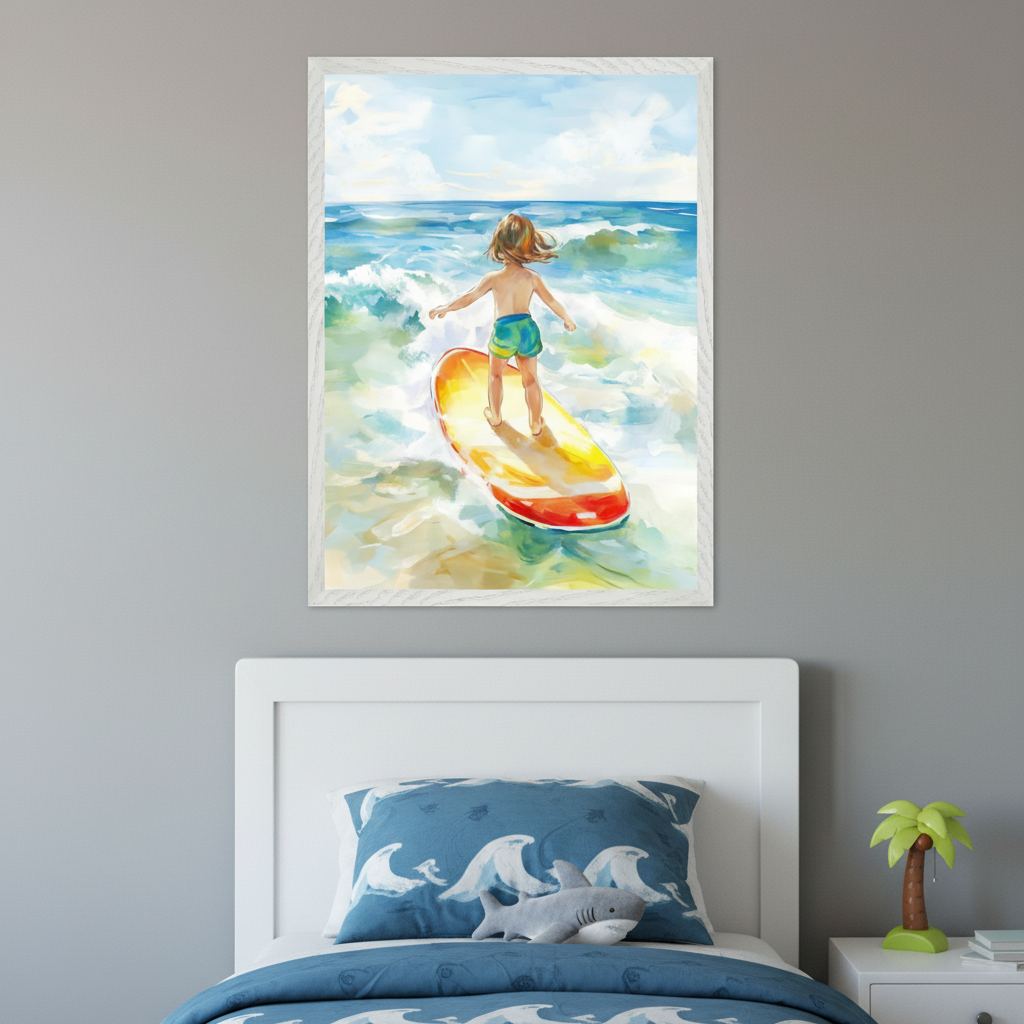 Kid's bedroom with a white headboard and blue wave bedding. A gray shark plush sits on the bed. A white nightstand with a palm tree lamp is to the right. A large framed painting of a child on a yellow surfboard in ocean waves hangs centered above the bed.
