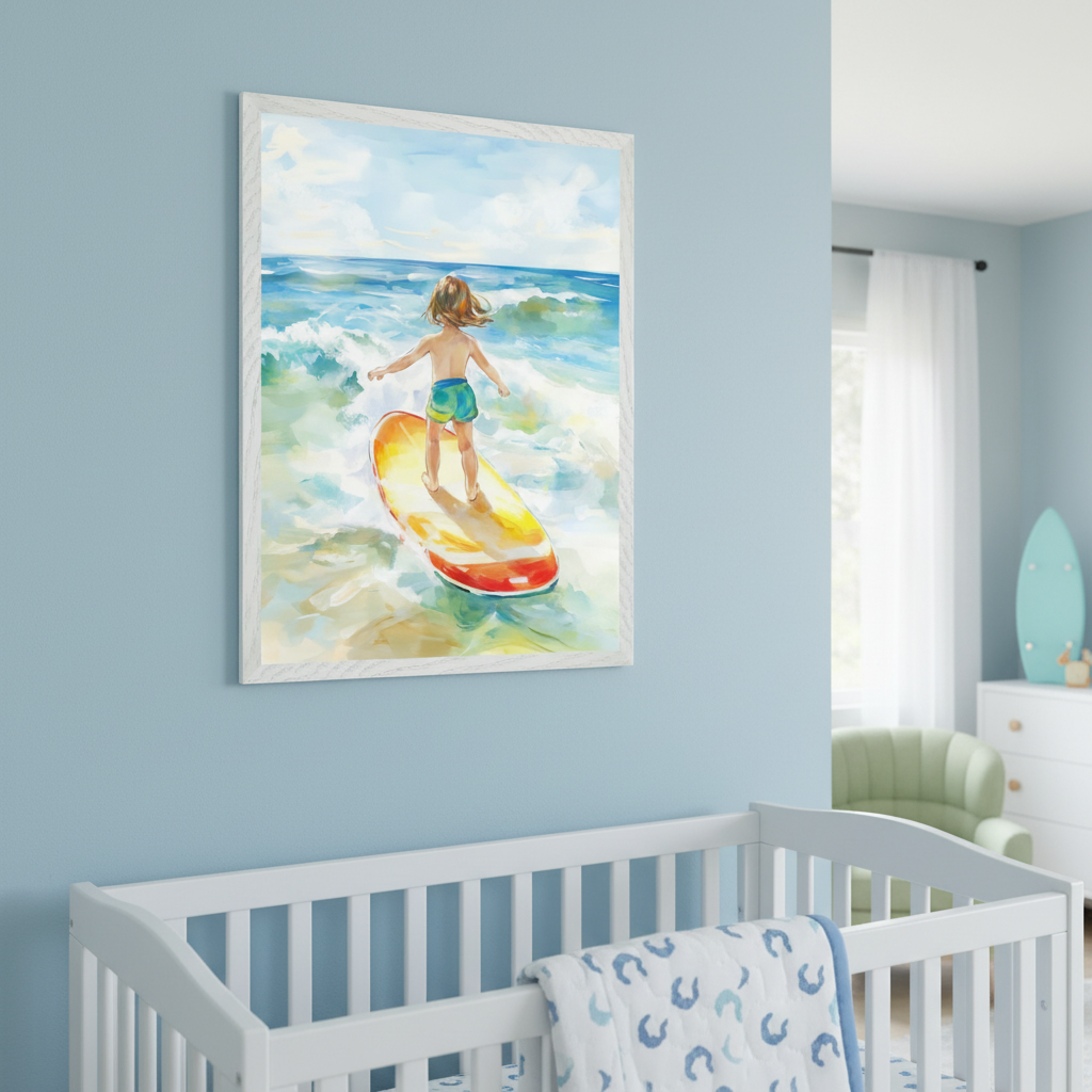 Light blue nursery with a large framed painterly artwork of a child surfing on blue waves. It hangs above a white crib with a patterned blanket. A white dresser with a blue surfboard and a green armchair are visible in the background.