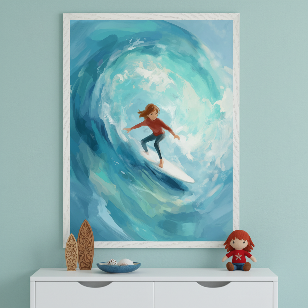 Kid's room with a light blue wall. A large white-framed painting of a red-haired girl surfing a big blue wave in a painterly style hangs centered above a white dresser. Decor includes wooden surfboards, seashells, and a doll.