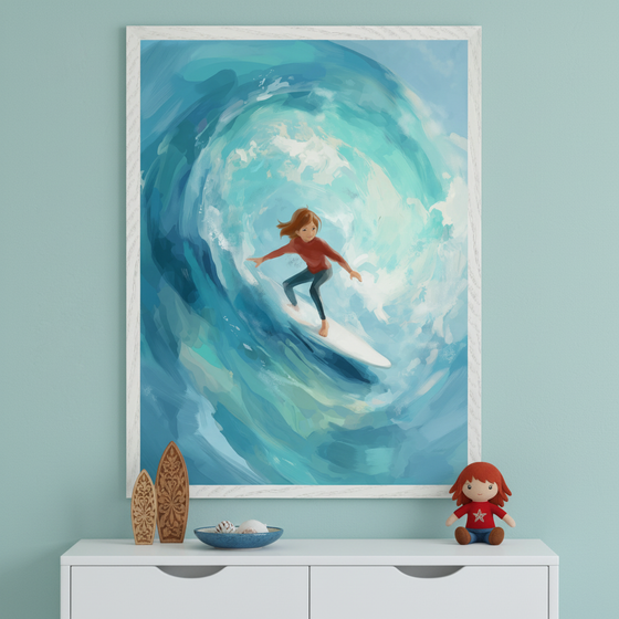 Kid's room with a light blue wall. A large white-framed painting of a red-haired girl surfing a big blue wave in a painterly style hangs centered above a white dresser. Decor includes wooden surfboards, seashells, and a doll.