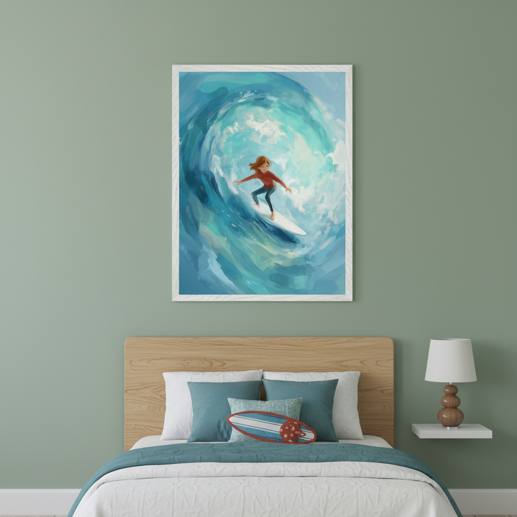 Kid's bedroom with sage green walls, a wooden bed, blue bedding, and a surfboard pillow. A large framed illustration of a young girl surfing a big blue wave hangs centered above the bed. A white nightstand with a wooden lamp is to the right.