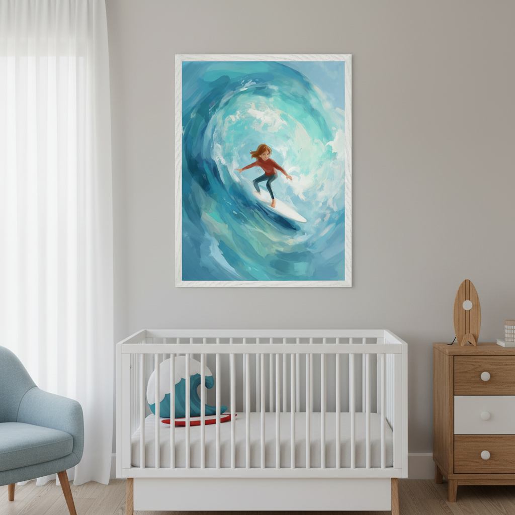 Modern nursery with a white crib, light blue armchair, and wooden dresser. A large framed painterly print of a child surfing a big blue wave hangs centered above the crib.