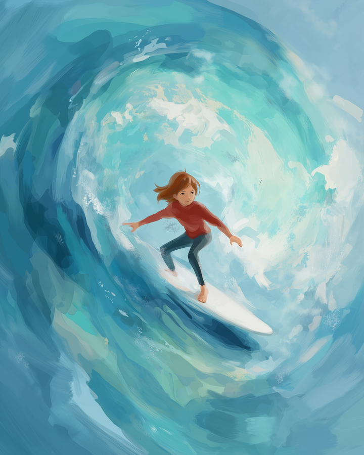 A person with brown hair surfs on a large, curling wave, wearing a red shirt and dark pants. The vibrant blue and turquoise hues of the ocean create an energetic and dynamic scene.