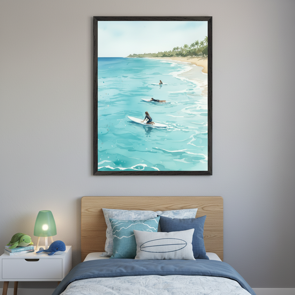 Kid's bedroom with a wooden bed and white nightstand. A large framed print of three people surfing in turquoise water near a beach with palm trees, in an illustrated style, hangs above the bed.