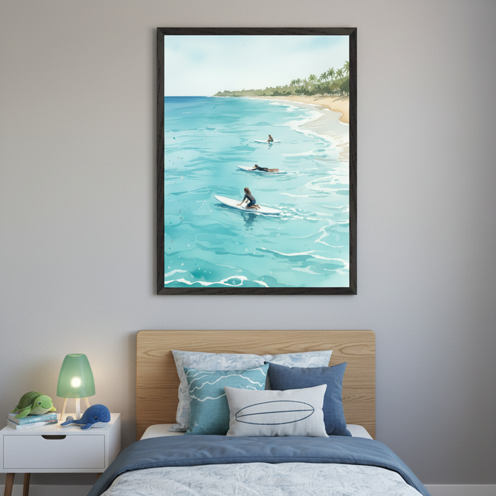 Kid's bedroom with a wooden bed and white nightstand. A large framed print of three people surfing in turquoise water near a beach with palm trees, in an illustrated style, hangs above the bed.