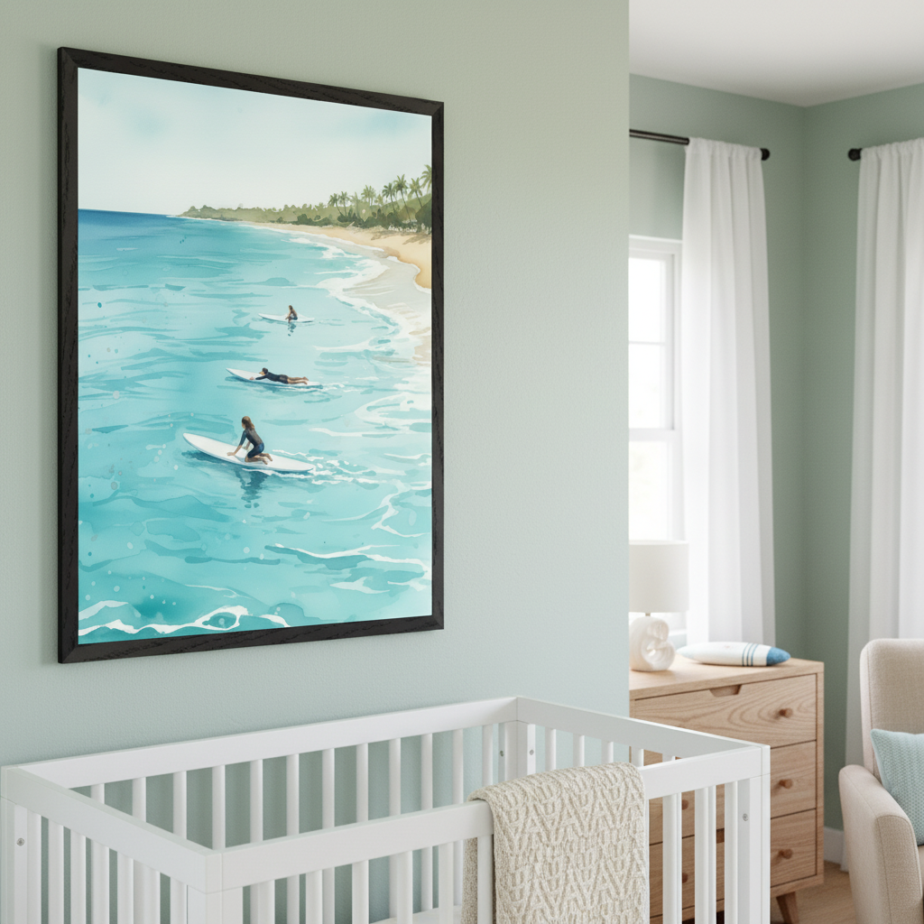 Modern nursery with light green walls. A large black-framed watercolor painting of surfers on a tropical beach hangs above and to the left of a white crib. A wooden dresser and an armchair are also visible.