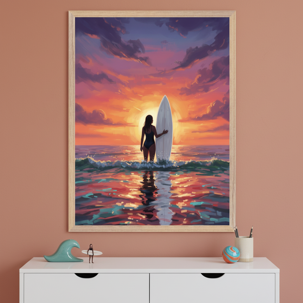 Modern room with a warm terracotta wall. A large framed illustration of a woman with a surfboard at sunset is centered above a white two-drawer dresser. On the dresser are a turquoise wave sculpture and a tiny surfer figurine.