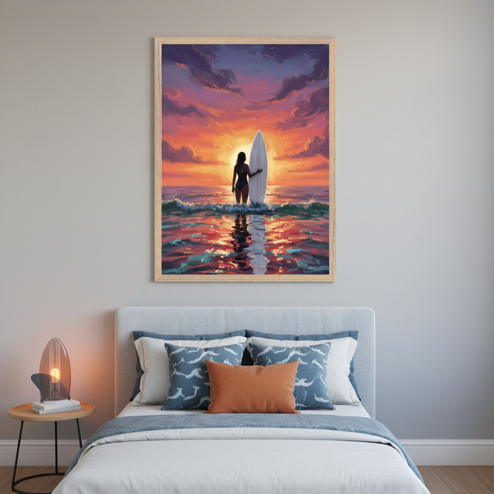 Modern bedroom with a light blue bed. A large framed painting of a person with a surfboard in the ocean at a vibrant sunset hangs centered above the bed. A round wooden nightstand with a modern lamp is on the left.