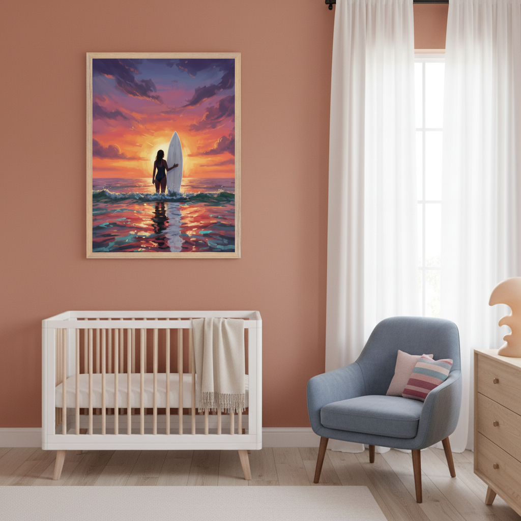 Modern nursery with a terracotta wall. A framed painting of a surfer at a colorful sunset, reflecting in the water, hangs above a white crib with a blanket. A blue armchair and a light wood dresser are also visible.