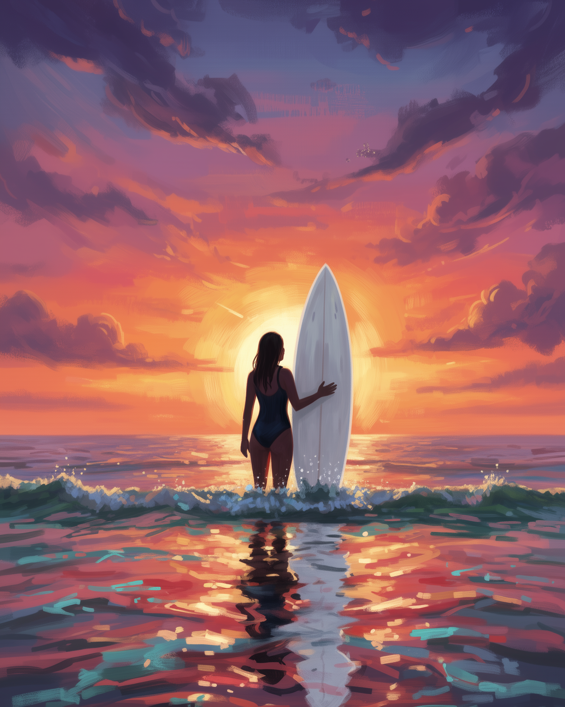 Surfing Sunset Wall Art for Nursery, Playroom or Kids Bedrooms - Beach Waves and Ocean Sun Decor - Dusk Surf