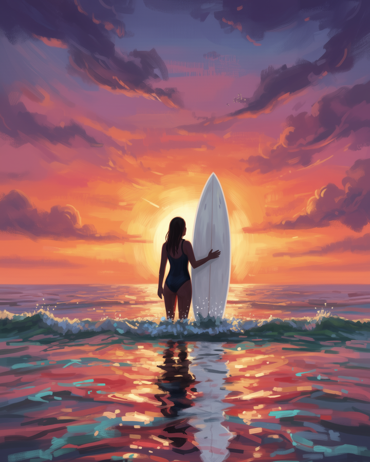 A woman stands in the ocean holding a surfboard, silhouetted against a vibrant sunset with hues of orange, pink, and purple. The sky is filled with dramatic clouds, and the water reflects the colorful sky, creating a serene and picturesque scene.