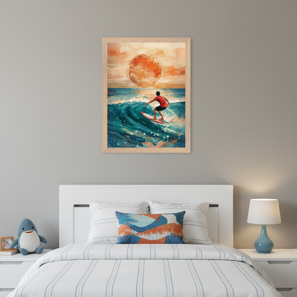 Kid's bedroom with a white bed and headboard. A framed watercolor art print of a surfer on a wave with a large orange sun hangs above the bed. A blue and orange patterned pillow is on the bed. A white nightstand with a shark plush toy is on the left, and another with a blue lamp is on the right.