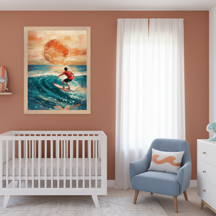 Modern nursery with a framed watercolor art of a surfer on a wave under an orange sun, hanging above a white crib on terracotta walls. A blue armchair with a wave pillow is by the window, and a white dresser is on the right.