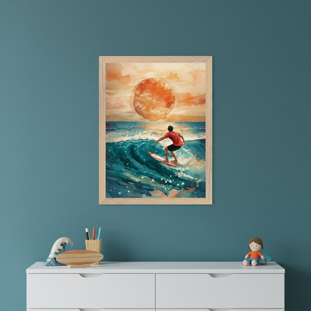 Modern kid's room with a white dresser against a teal wall. A framed watercolor painting depicting a surfer on a wave at sunset hangs centered above the dresser.