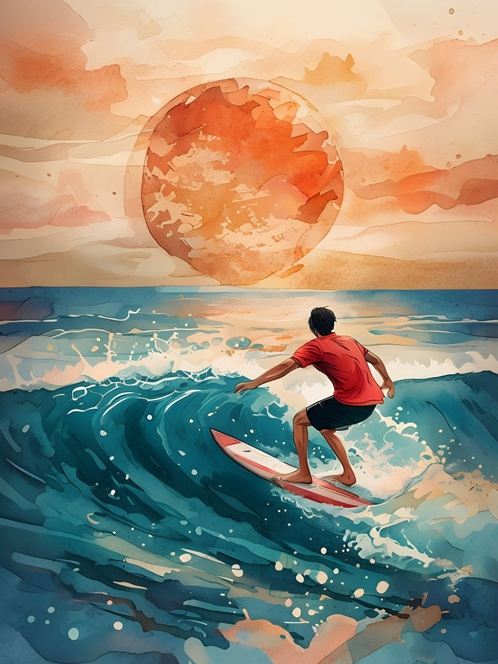 A surfer in a red shirt rides a wave on a vibrant blue ocean, with a large, abstract orange sun setting in the background, creating a warm, artistic atmosphere.