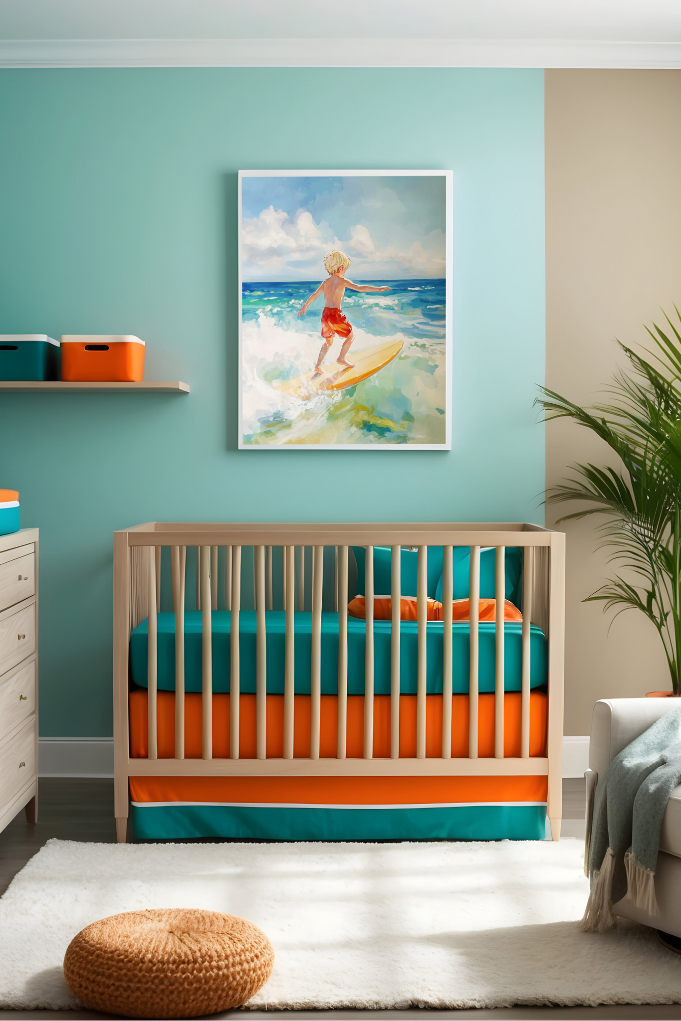 A modern nursery featuring a coastal-themed decor with turquoise and orange bedding, wooden crib, and a vibrant painting of a young boy surfing. The room has calming, beach-inspired colors and natural accents like plants and woven textures.