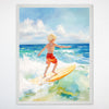 Ocean Surfing Wall Art for Nursery, Playroom or Kids Bedrooms - Beach Waves with Blonde Surfer Boy - Sunny Surf