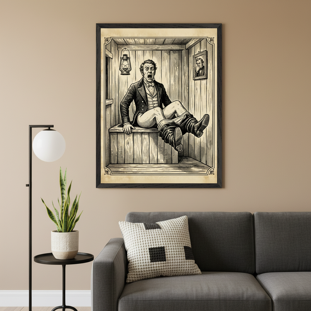 Modern living room with a dark grey sofa. A large framed black and white illustration of a man on an outhouse bench with pants down, looking surprised, hangs centered above the sofa.