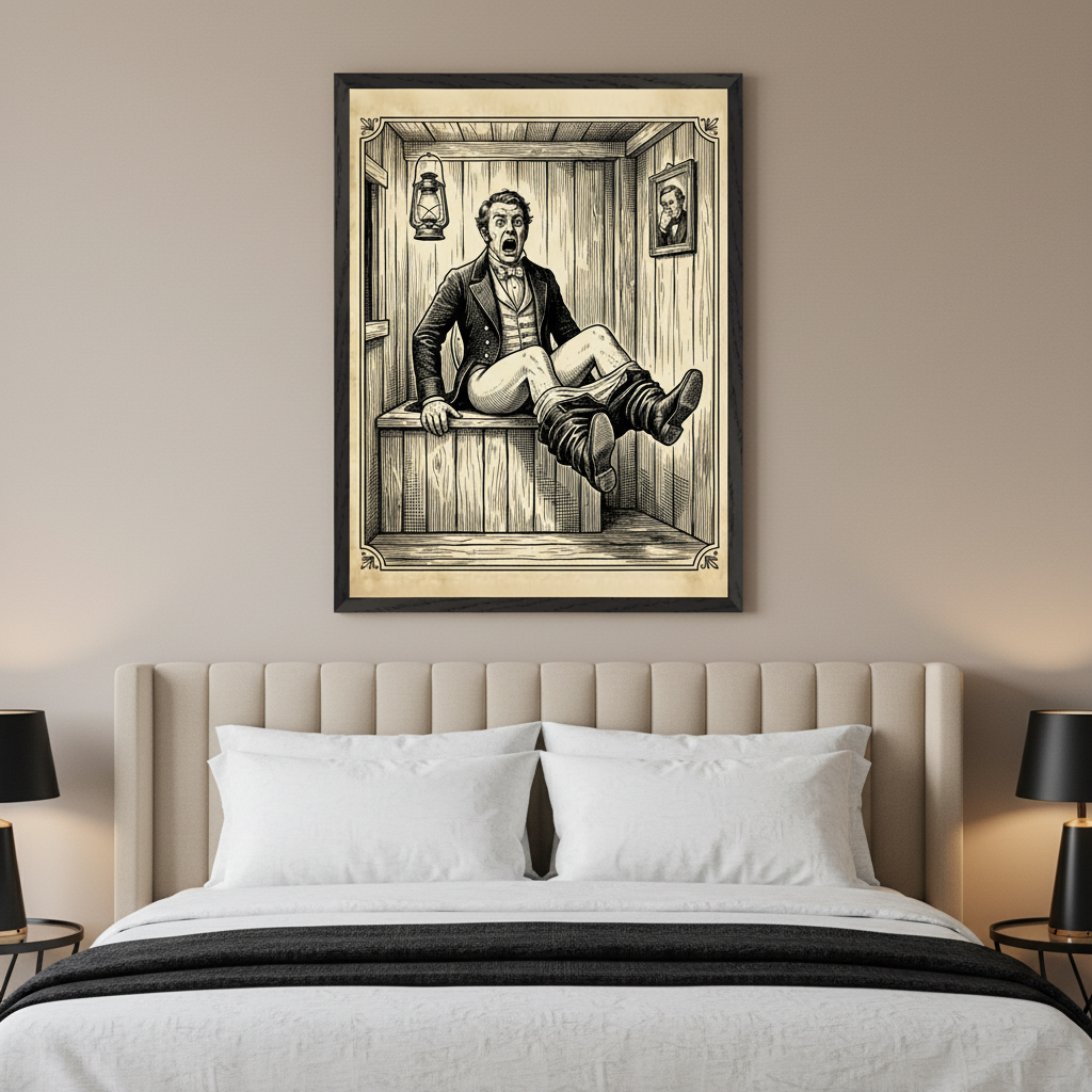 Modern bedroom with a padded headboard bed. A large framed monochrome illustration of a startled man in period clothing, sitting with trousers down in a wooden outhouse, hangs centered above the bed.