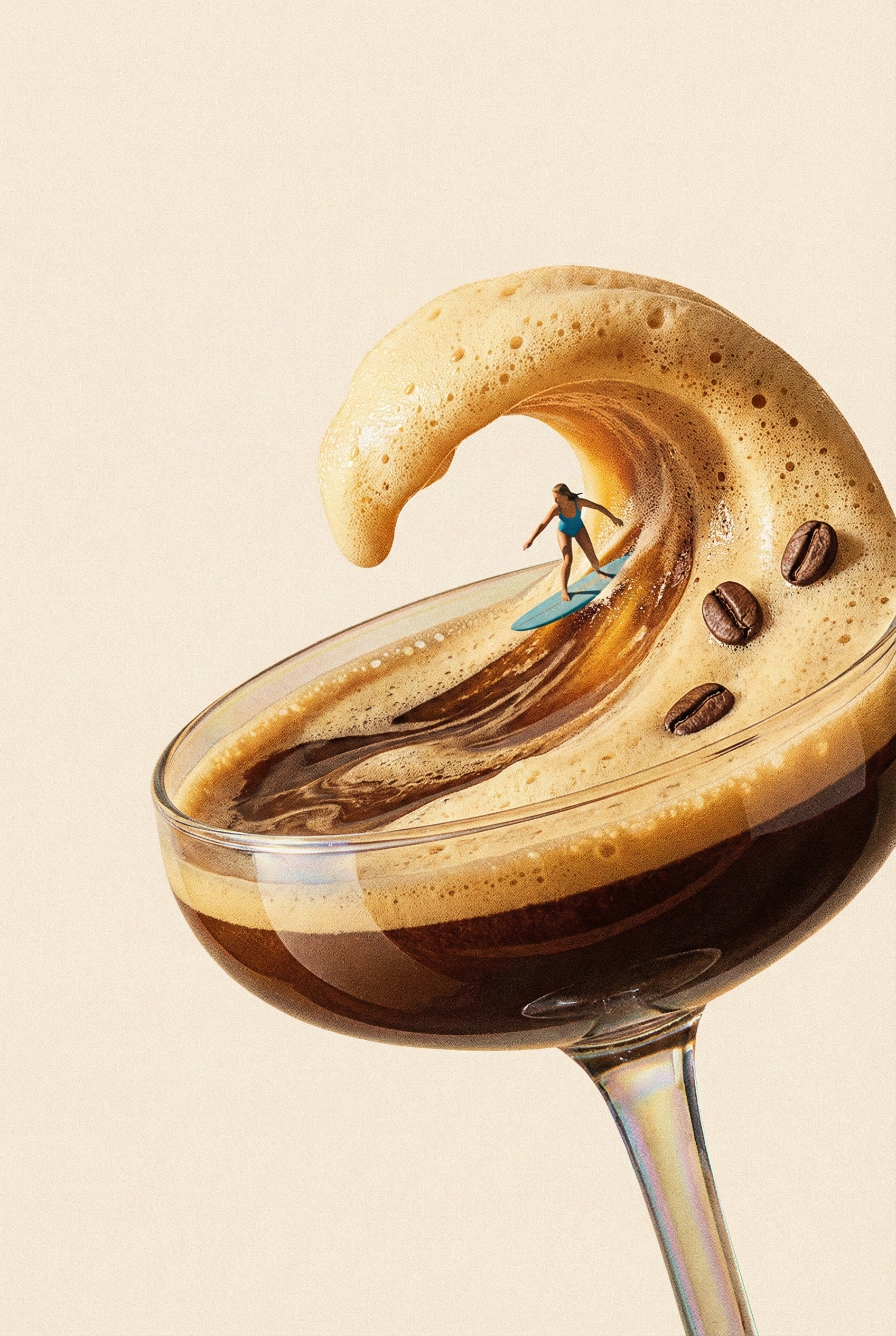 Creative image of a tiny surfer riding a curling wave made of thick coffee foam inside a glass cup. Coffee beans float nearby as the arched foam rises dramatically above the surfboard.

