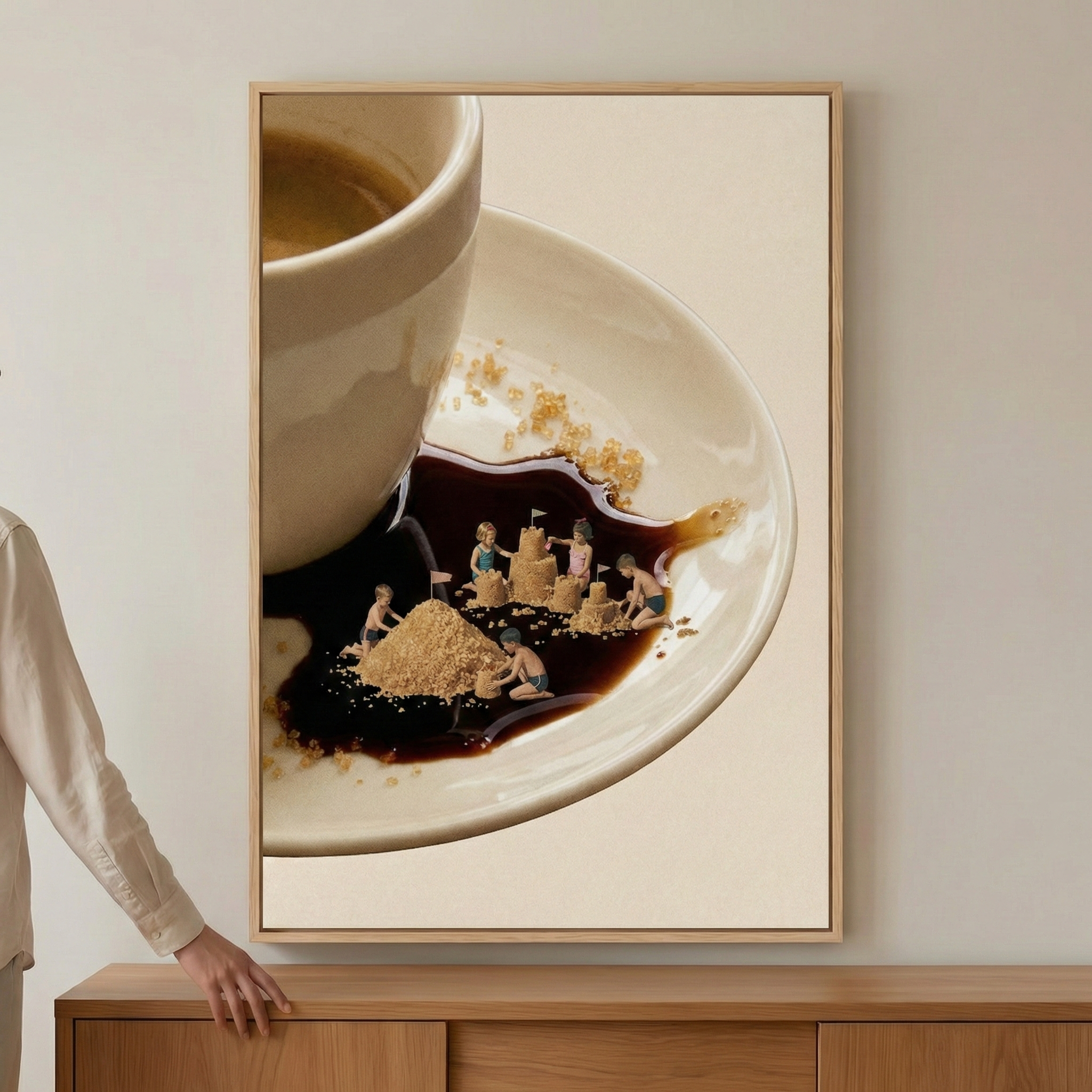 A vertical framed artwork hangs on a light-colored wall above a wooden cabinet. A person’s hand is shown touching the lower-left corner of the light wood frame. The artwork depicts a surreal, close-up scene of a white ceramic coffee cup resting on a saucer. On the saucer, a spill of dark liquid creates a small pool where miniature figures of children are playing as if at a beach. These tiny figures are shown building structures that resemble sandcastles out of piles of brown sugar. 