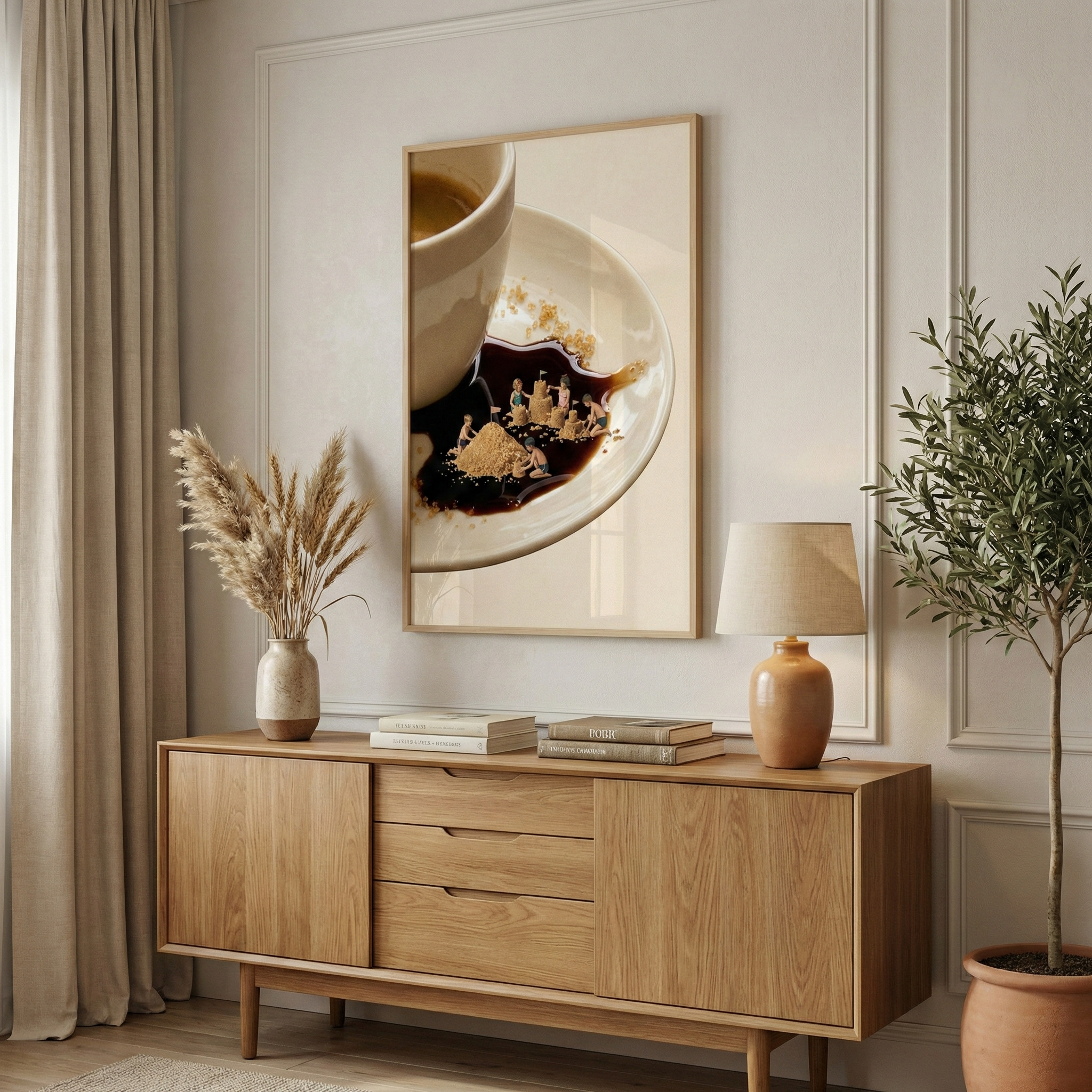 A framed piece of wall art hangs above a wooden sideboard in a light-toned, minimalist room. The artwork depicts a macro view of a white coffee cup and saucer. In the saucer, a dark spill of liquid is being used by tiny miniature figures who appear to be building sandcastles out of piles of brown sugar. The sideboard beneath features three central drawers and holds a ceramic vase with dried grasses, a stack of books, and a small table lamp with a rounded tan base and a fabric shade.