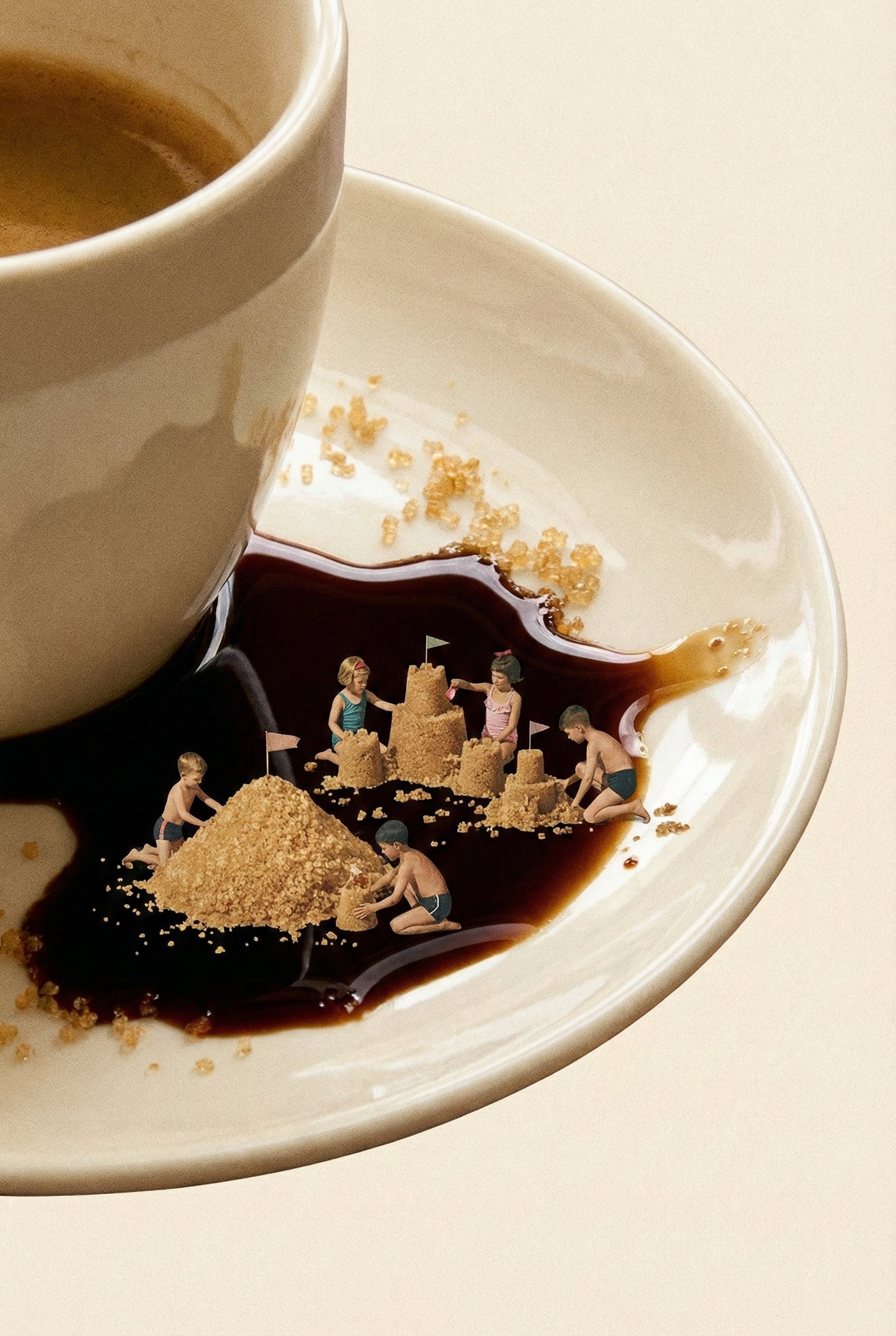 Tiny children building sandcastles out of brown sugar on a white saucer partially filled with spilled coffee. The dark liquid spreads like a shoreline around their small castles topped with flags.

