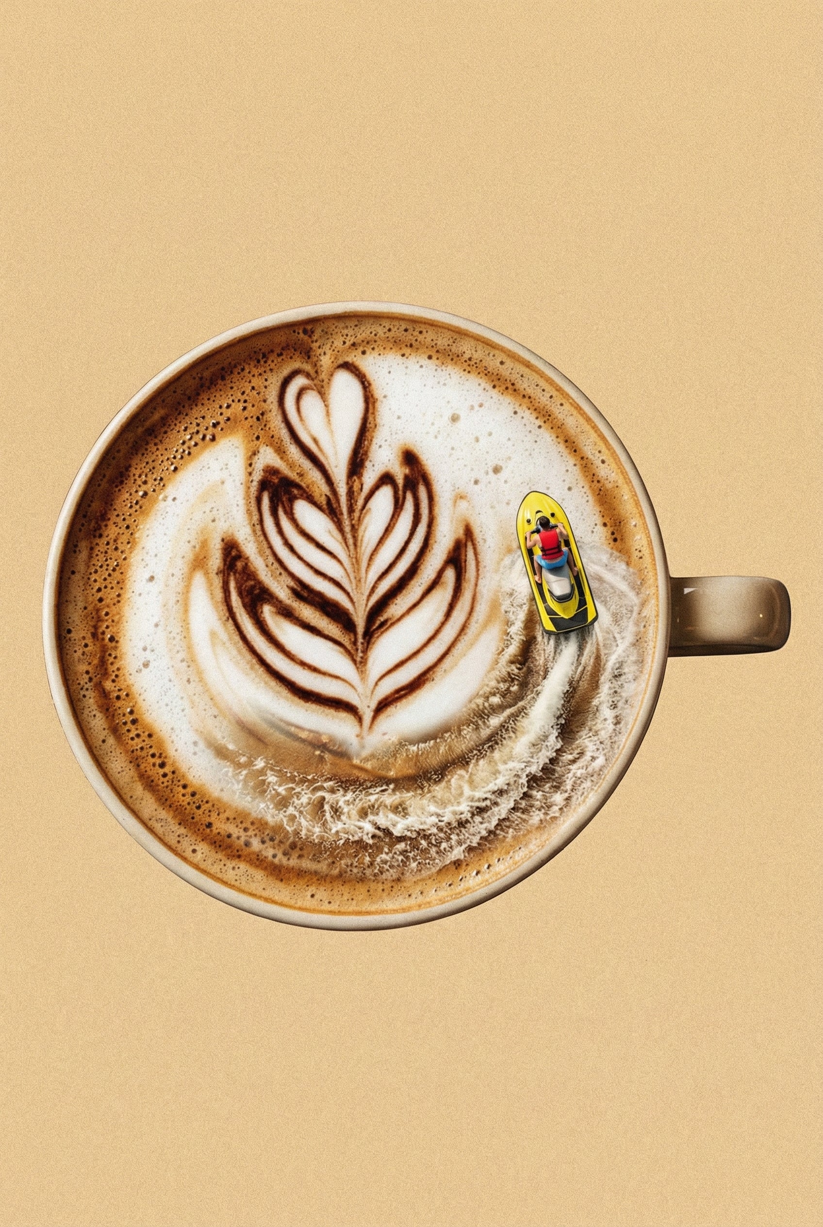 Small climber scaling the side of a tall wooden barrel capped with thick foam. The metal bands and textured wood grain tower above him as he grips the cracks and climbs upward.

