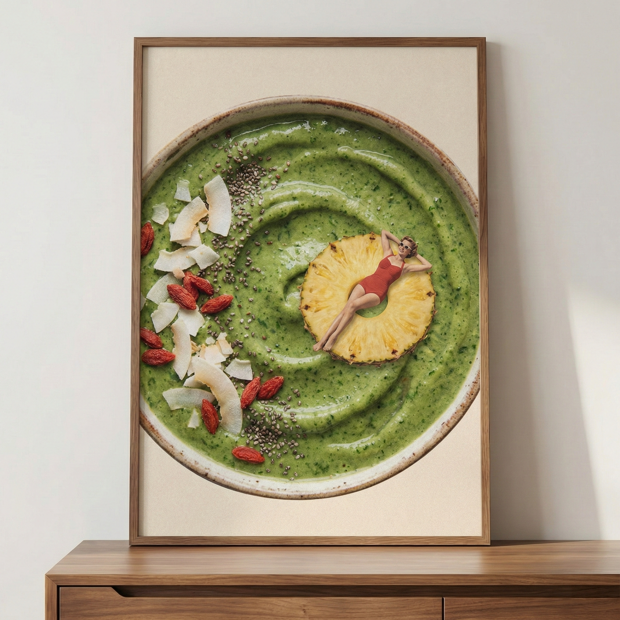 A framed artwork depicts a surreal, top-down view of a green smoothie bowl. In the center, a miniature woman in a red swimsuit reclines on a slice of pineapple, using it as a pool float. The vibrant green smoothie is garnished with white coconut flakes, red berries, and black seeds. The artwork is held in a light wood frame and sits on a wooden surface against a plain wall, offering a playful and imaginative take on breakfast food.